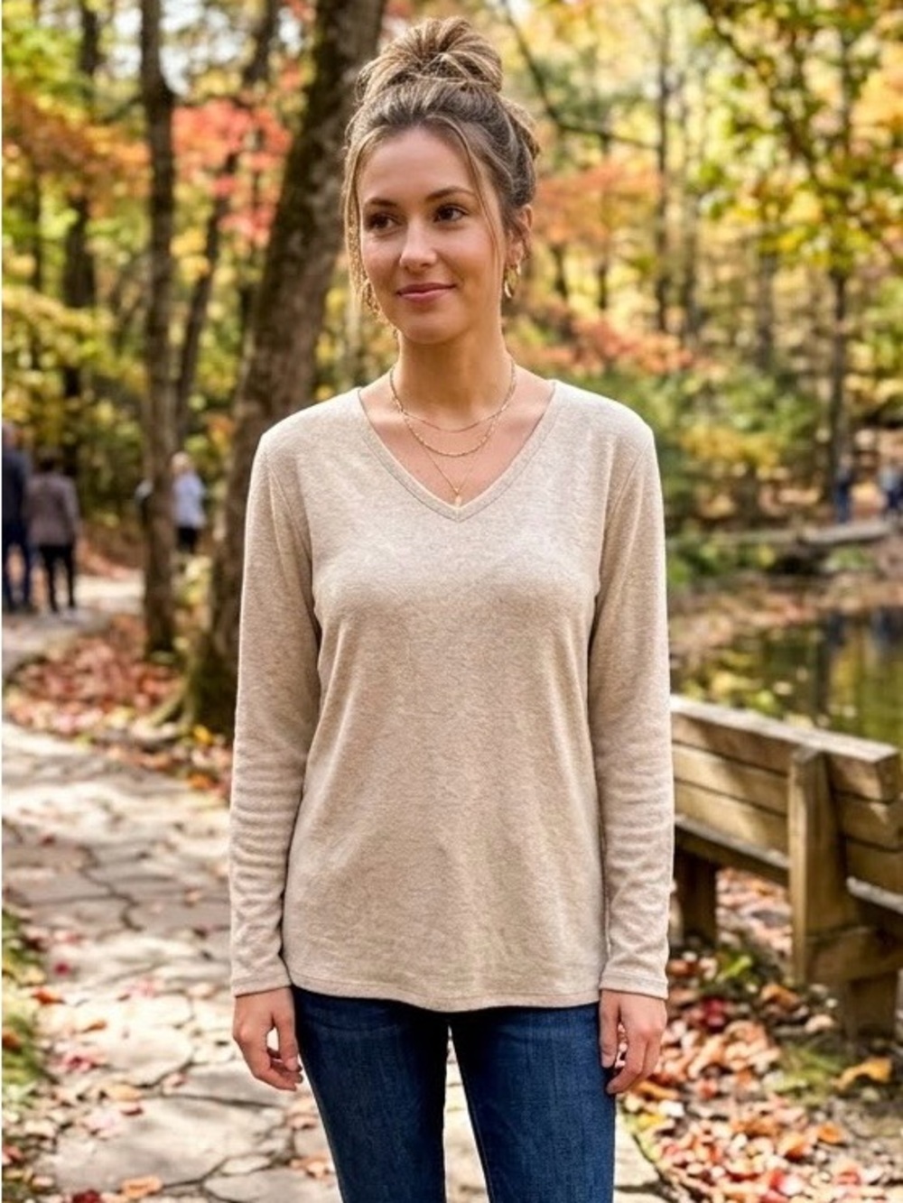 ♥️❄️NWOT JK Intimates Women's V-Neck Long Sleeve Top - Beige Size L